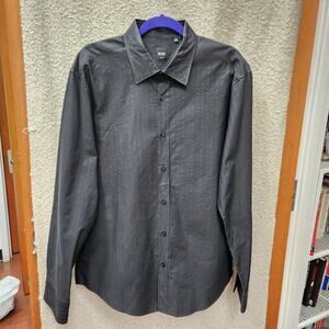 Hugo Boss Mens Etched Striped Button Down Shirt Black/ Dark Gray Size XL